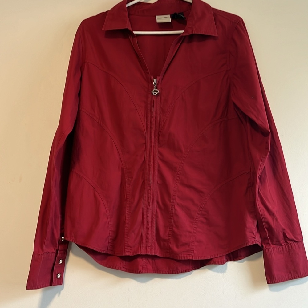 Harley-Davidson Red Rhinestone Script Back Button-Up Blouse - Picture 3 of 6